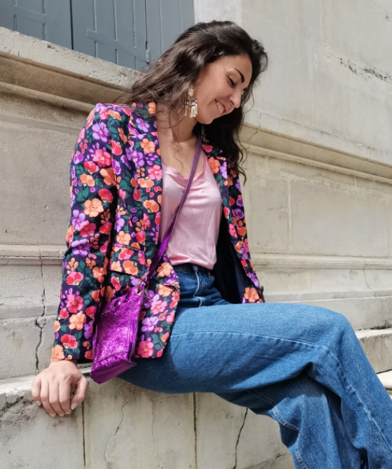 veste fleurie orange violet et rose look bohème chic